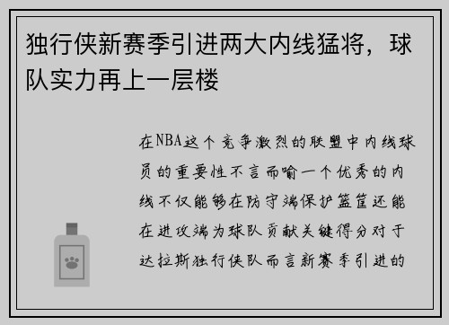 独行侠新赛季引进两大内线猛将，球队实力再上一层楼